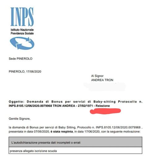 Pinerolo: «Mi hanno rigettato la richiesta per il bonus baby sitter, ma non so perché»