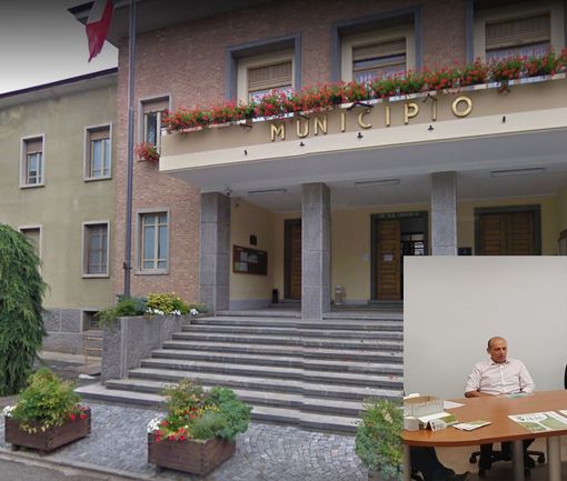 Il municipio di Perosa Argentina e, in basso a destra, Andrea Garavello