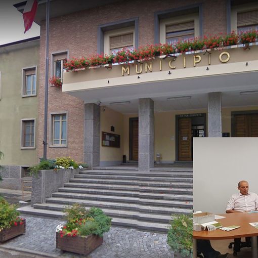Il municipio di Perosa Argentina e, in basso a destra, Andrea Garavello