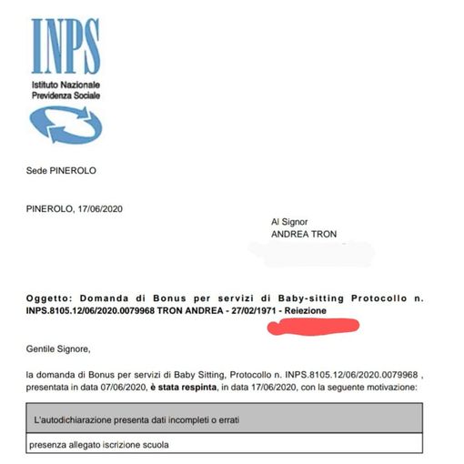 Pinerolo: «Mi hanno rigettato la richiesta per il bonus baby sitter, ma non so perché»
