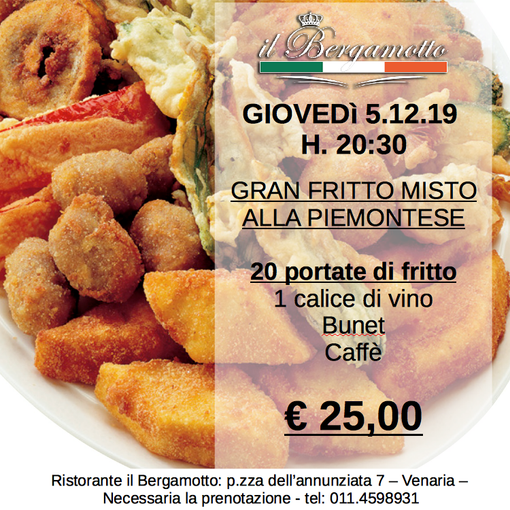 Venaria: giovedì 5 dicembre un appuntamento dedicato al fritto misto alla piemontese
