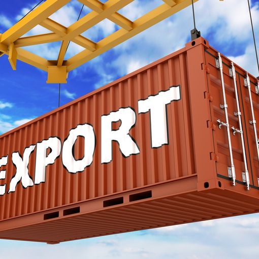Carico sollevato da una gru su cui campeggia la scritta Export