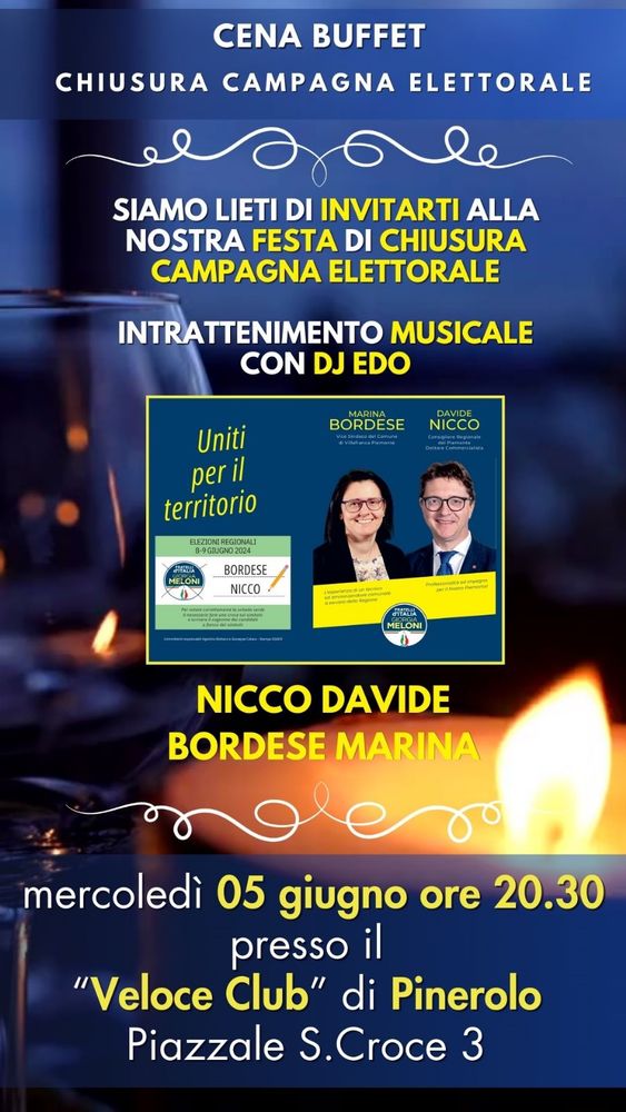 Festa di fine campagna elettorale al Veloce di Pinerolo con Nicco e Bordese (Fdi)