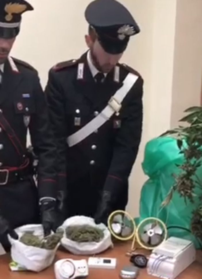Il materiale e la droga sequestrata al pusher di Frossasco