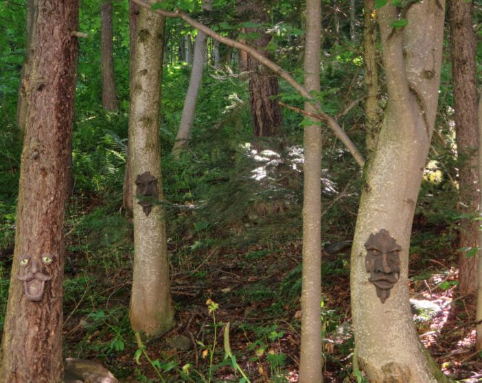 Volti sugli alberi del sentiero dei bambini