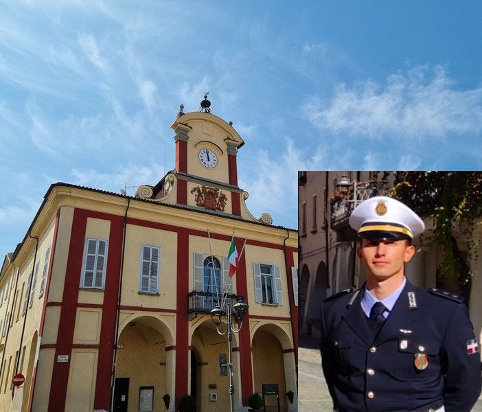 Il municipio di Vigone e il nuovo ufficiale Andrea Artino nel riquadro