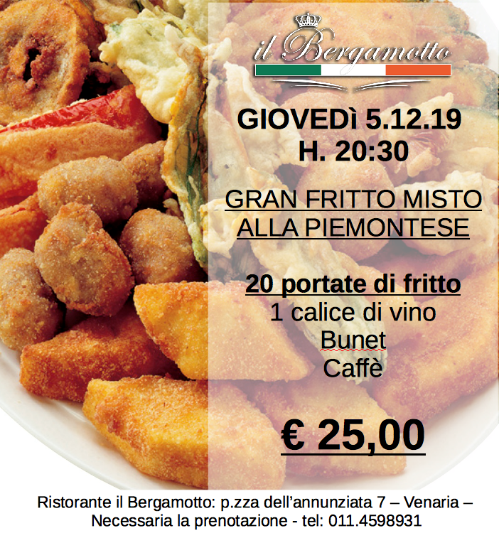 Venaria: giovedì 5 dicembre un appuntamento dedicato al fritto misto alla piemontese