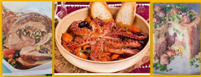 Il cosciotto di agnello al forno farcito alle olive, la territa di polpo “alla Luciana” ed il sartù di riso