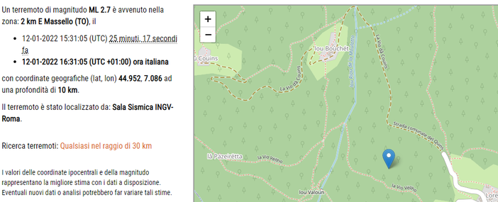 Massello: terremoto di magnitudo 2,7 oltre la zona di Lorenzo di Perrero Massello: terremoto di magnitudo 2,7 oltre la zona di Lorenzo di Perrero