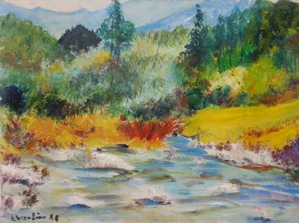 Un quadro di Ettore Serafino, che ritrae il torrente davanti a casa a Prali