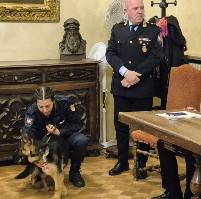 La cucciola di pastore tedesco Faida con l'agente Serena De Carli e il comandante Federico Battel