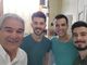 Pino Insegno con i pinerolesi, da sinistra, Alberto Pimpini, Stefano Perucca e Lorenzo Piatti