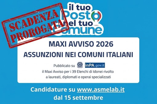 Maxi avviso ASMEL 2026, boom di candidature: prorogata la scadenza al 15 ottobre Maxi avviso ASMEL 2026, boom di candidature: prorogata la scadenza al 15 ottobre