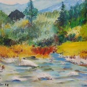 Un quadro di Ettore Serafino, che ritrae il torrente davanti a casa a Prali Un quadro di Ettore Serafino, che ritrae il torrente davanti a casa a Prali