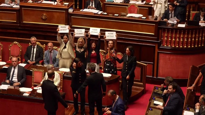 Caso Delmastro, protesta dei 5 Stelle al Senato: banchi del governo occupati e cartelli "Fuori le chat" Caso Delmastro, protesta dei 5 Stelle al Senato: banchi del governo occupati e cartelli "Fuori le chat"